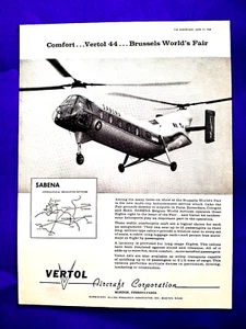 SABENA Belgian World Airlines Ad 1958 VERTOL Helicopter Passenger Service + Map - Picture 1 of 1