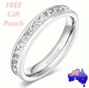 Silver Square Crystal Channel 4mm Band Titanium Steel Eternity Engagement Ring - Picture 1 of 12