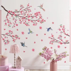 Large Pink Flowers Branches Decals Birds Mural Vinyl Home Decor Wall Stickers - Picture 1 of 10