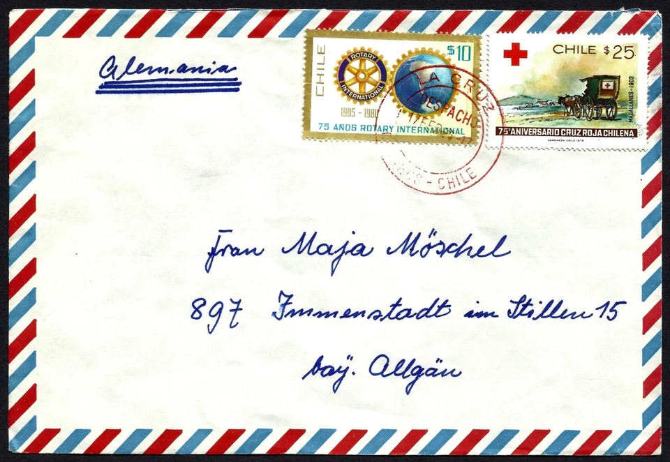 CHILE, PORTADA DE LA CRUZ A ALEMANIA, AÑO 1986, CRUZ ROJA Y SELLOS ROTATIVOS Foto 1 de 1