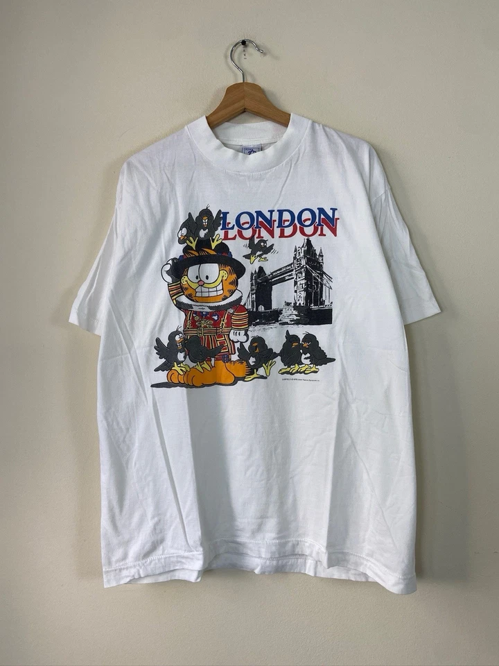 Camiseta Blanca Gráfica Pájaro Negro Puente Londres Garfield Vintage Años 90 Gráfico - L Foto 1 de 4
