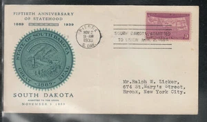 13 ) USA First Day Cover FDC 1939 Fifieth Anniverary of Statehood South Dakota - Picture 1 of 1