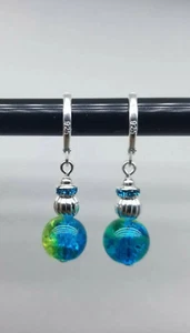 Sterling Silver Hook Beautiful Crackle Glass Teal Blue Dangle Earrings F - Picture 1 of 4