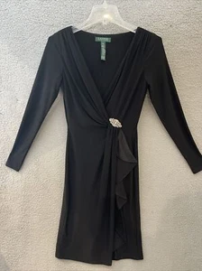 Lauren Ralph Lauren Size 2 Black Evening Long Sleeve Faux Wrap Dress w/Brooch - Picture 1 of 10