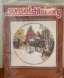 SUNSET STITCHERY FALL MILL POND 16"x16" NEW 1978 CHARLENE GERRISH #2473 - Picture 1 of 5