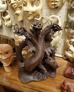 3 Headed Dragon Statue Hand Carved Wood Bali Protection Wisdom Strength Hydra - Picture 1 of 7