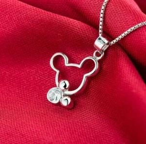 Silver Double Disney Mickey Mouse Pave CZ Pendant Chain Necklace - Picture 1 of 1