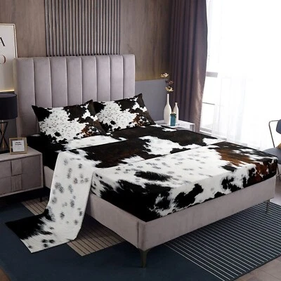 Juego de sábanas de piel de vaca Manfei tamaño queen blanco negro marrón juego de ropa de cama de cuero de vaca para... Foto 1 de 4