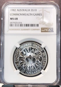 1982 AUSTRALIA SILVER 10 DOLLARS COMMONWEALTH GAMES NGC MS 68 RARE TOP POP 1 - Picture 1 of 3