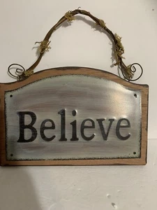 Believe Tin Sign Wooden Back Ground Rustic - Picture 1 of 2