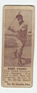 Babe Young 1942 Double Play MLB Trading Cards # 93 NY Giants