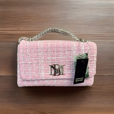 NWT Badgley Mischka Pink Textured Pink Tweed Chain Shoulder Small Vegan Leather - Image 1 of 4