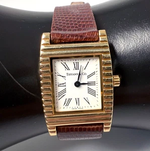 tiffany & Co 18K Gold Swiss Made Watch-Roman dial, Leather strap. Size 8 1/2". - Picture 1 of 10
