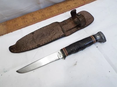 Cuchillo de hoja fija de caza Kabar vintage de 3" mango de anillo de cuero en funda KA-BAR Foto 1 de 4