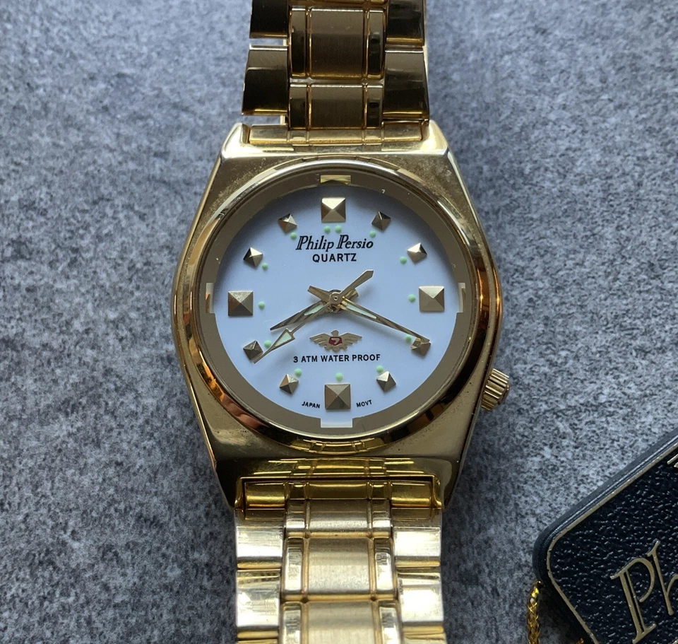 Vintage Philip Persio Watch 33mm Gold Tone Case And Band White Dial NWT No Box H - Image 1 of 4