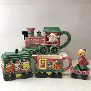 Fitz & Floyd Teapot Set 1995 Santa's Railroad Christmas Omnibus w/ Box Vintage - Picture 1 of 21