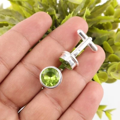 Peridot Gemstone 925 Sterling Silver Handmade Jewelry Cufflinks 0.50" For Gift - Image 1 of 4