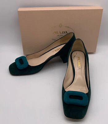 Zapatos de salón Prada para mujer verde azulado bloque de color gamuza punta cuadrada tacón bloque talla 40,5 10,5 Foto 1 de 4