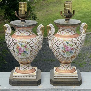 Pair of 20th C. Hand Painted Gilt Swan Handled Table Lamp Urns French Ceramics - Picture 1 of 13