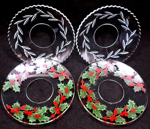 4 Vintage Crystal Bobeches Drip Wax Dish Catchers 2 Etched Leaves & 2 Xmas Holly - Picture 1 of 11