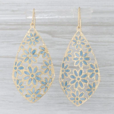 Blue Resin Flower Dangle Earrings 14k Yellow Gold Hook Posts Lightweight - Image 1 of 4