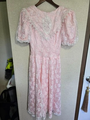 Gunne Sax Jessica McClintock Pink Lace Satin Dress Size 7 Vintage 80s Formal - Image 1 of 4