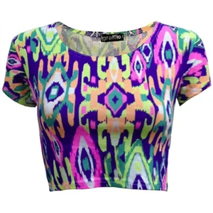 LADIES WOMENS MULTICOLOURED NEON AZTEC TRIBAL CAP SLEEVE STRETCHY CROP TOP - Picture 1 of 1