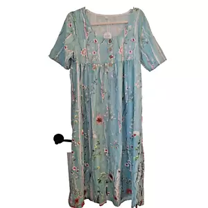Maxi Dress Cottage Floral Boho Flowy Pockets Teal Short Sleeve Women L New w/tag - Picture 1 of 10