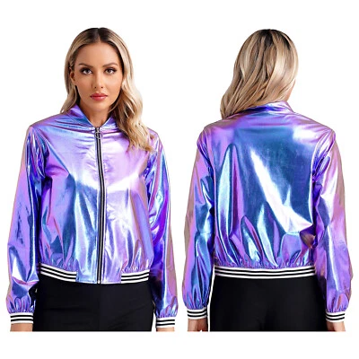 Womens Jacket Striped Band Coat Long Sleeve Outerwear Holographic Streetwear - Image 1 of 3