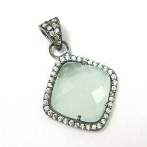 Oxidized Silver Aqua Chalcedony Bezel Gem Pendant,Cubic Zirconia Pave 17mm - Picture 1 of 4