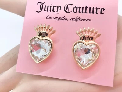 Nuevos Aretes Juicy Couture Corona Cristal Corazón Tono Dorado Foto 1 de 4