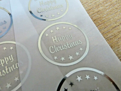 Felice Natale Adesivi Argento su Trasparente Etichette Carte Buste Arte XSCFOIL3 - Immagine 1 di 2