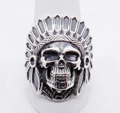 Anillo de motociclista tocado calavera jefe indio de plata de ley, 16,10 gramos, talla 13 Foto 1 de 4