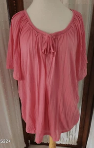 T79 Faded Glory plus 3X pink krinkly blouse short sleeve lightweight round neck - Picture 1 of 7