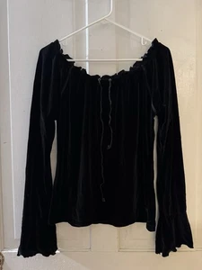 Ironic Black Velvet Off Shoulder Top M Bell Sleeves Ruffle Neck Y2K Goth Boho - Picture 1 of 3