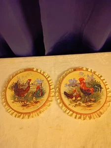 VTG 1987 Roaster&Hen Set Ceramic Embroidery Hoop Wall Art Signed LS Hand Painted - Picture 1 of 12