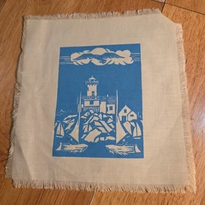 Vintage Hand Block Print on Fabric Lighthouse & Sailboats 7" x 7" - Picture 1 of 4