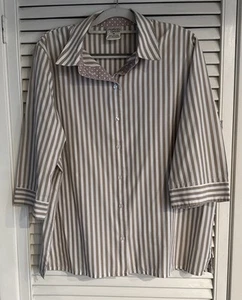 Allison Daley Tan & White Striped Button Down Collared Shirt 3/4 Sleeves Size 16 - Picture 1 of 8