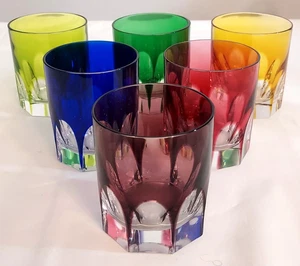 6 Val St Lambert HARLEQUIN Regenbogenschnitt Daumenabdruck WHISKEYBECHER altmodisch - Bild 1 von 7