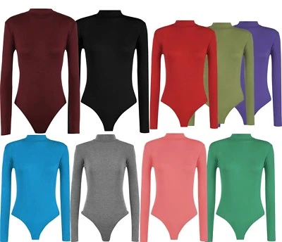 MEET AI MUSE Ladies Plain High Roll Turtle Polo Neck Bodysuit Womens Long Sleeve Leotard Top