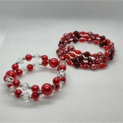 Pulseiras de miçangas robustas 2 vermelhas elásticas envolventes em camadas empilhadas fofas coloridas - Imagem 1 de 4