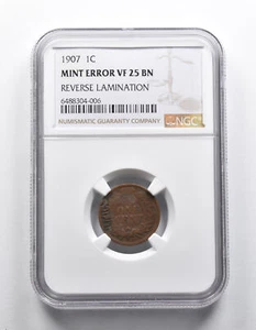 Mint Error VF25 BN 1907 Indian Head Cent REV Lamination NGC *1882 - Picture 1 of 3