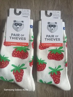 2 Pair Of Thieves "Strawberries" unisex  2 Crew Breathable  Socks  Size 8-12 NWT - Image 1 of 2