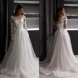 Wedding Dresses Long Sleeves Boat Neck Applique Lace Ruche A Line Layered Train - Picture 1 of 14