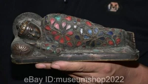 8" Old Chinese Bronze Inlay Turquoise Buddhism Sakyamuni Tathagata Buddha Statue - Picture 1 of 8