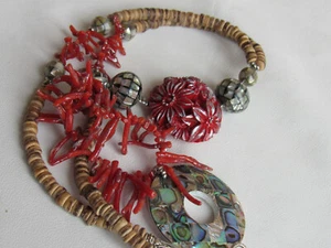 Handmade Navajo Southwest  Coral & Paula Abalone Shell Tribal Coconut Necklace  - Picture 1 of 10