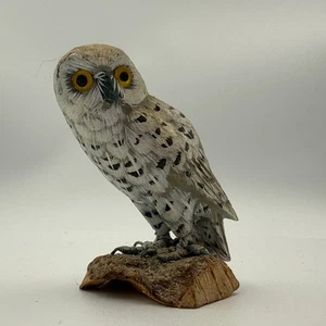 Vintage Hand Carved Wood Snowy Owl on Log Bird Figurine - Picture 1 of 9