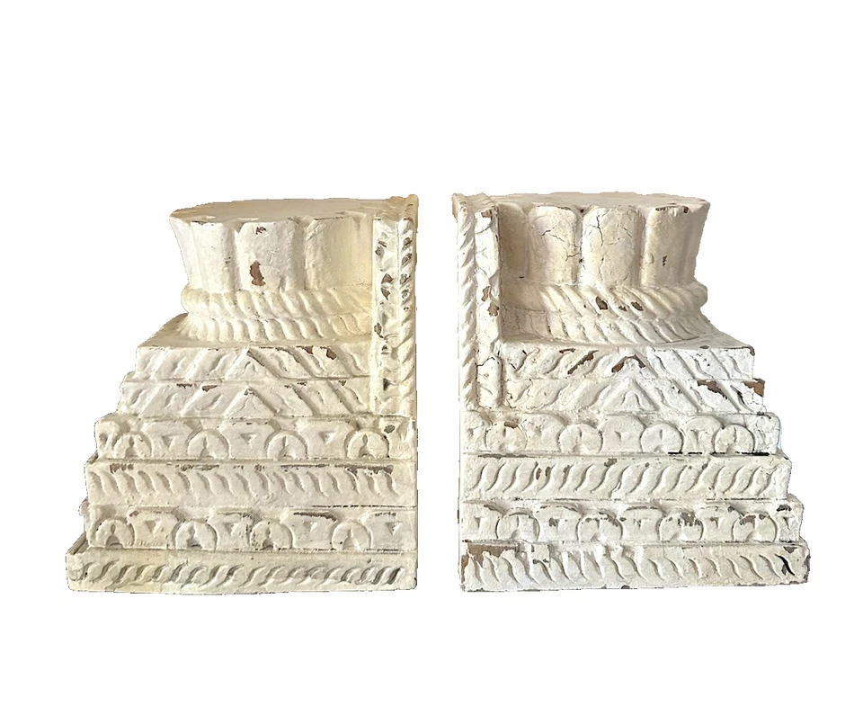 Pottery Barn Architectural Candle Pillar Holders Ivory Wood Candleholders Carved - Image 1 of 4