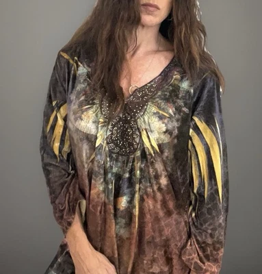 Camisa de terciopelo de manga larga para mujer XL túnica de diamantes de imitación renacentista de hadas top oscuro Foto 1 de 4