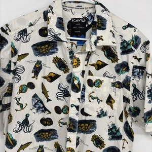 Kavu Shirt Men's Large White Multi Nautical Print Short Sleeve Button Up Collar - Picture 1 of 6